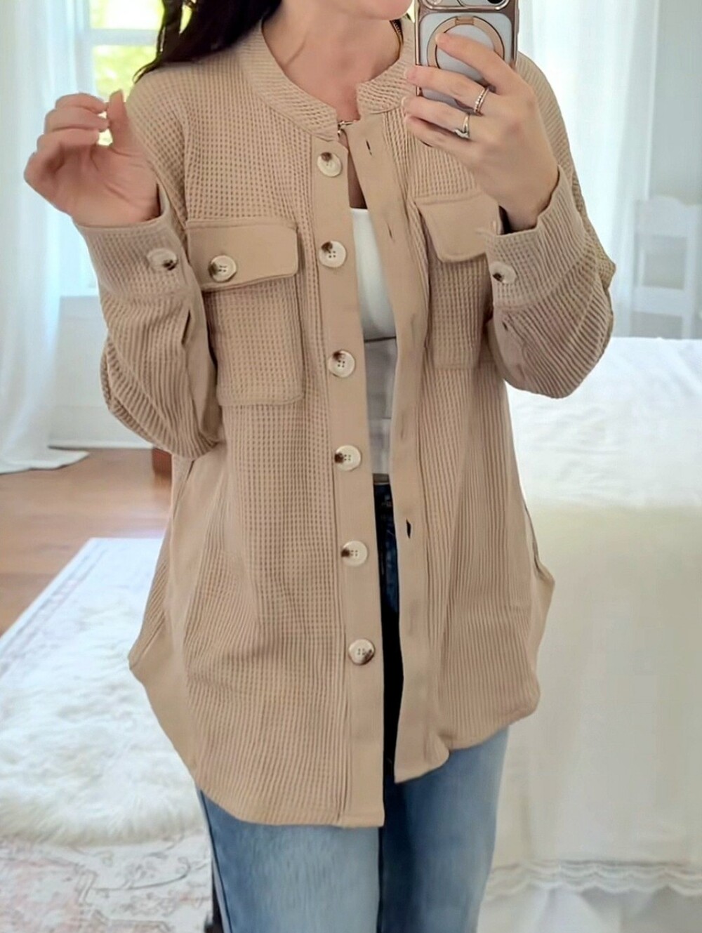 Saukole Waffle Knit Button-Down Shacket